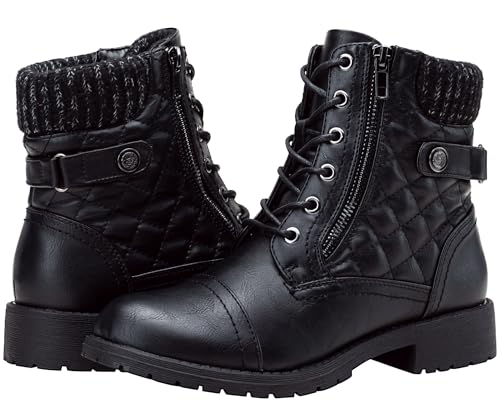 Vepose Women's Black Ankle Boots, Lace up Casual Combat Booties, Size 8.5 US - 927 Knitting Wool (CJY927 Black 08.5) - Image 1