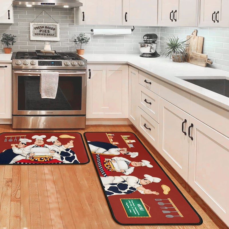 OUXIOAZ Chef Kitchen Rugs and Non Skid Washable Absorbent Microfiber Kitchen Mat for Floor, Kitchen Mat Set of 2 Red Kitchen Decor Stain Resistant 17"x47"+17"x30" - Image 1