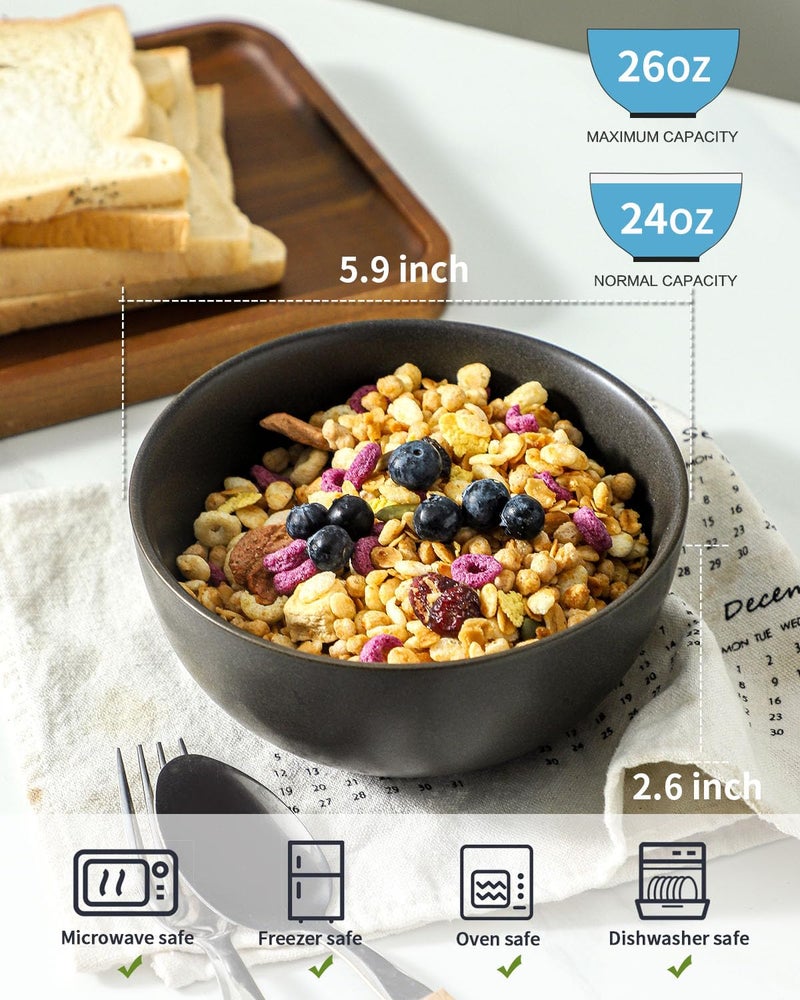 Tikooere Cereal Bowls, 24 oz Soup Bowls Set of 4, Ceramic Bowls Set for Salad, Fruit, Breakfast, Dessert, Stoneware Bowls for Kitchen, Dishwasher & Microwave Safe, Matte Black - Image 4