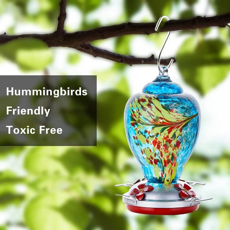 WOSIBO Hummingbird Feeder for Outdoors Patio Large 32 Ounces Colorful Hand Blown Glass Hummingbird Feeder with Ant Moat Hanging Hook, Rope, Brush and Service Card (Blue) - Image 3