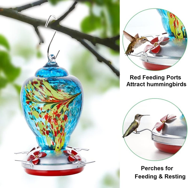 WOSIBO Hummingbird Feeder for Outdoors Patio Large 32 Ounces Colorful Hand Blown Glass Hummingbird Feeder with Ant Moat Hanging Hook, Rope, Brush and Service Card (Blue) - Image 2