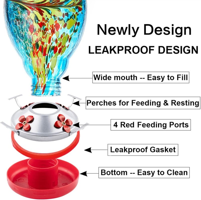 WOSIBO Hummingbird Feeder for Outdoors Patio Large 32 Ounces Colorful Hand Blown Glass Hummingbird Feeder with Ant Moat Hanging Hook, Rope, Brush and Service Card (Blue) - Image 4