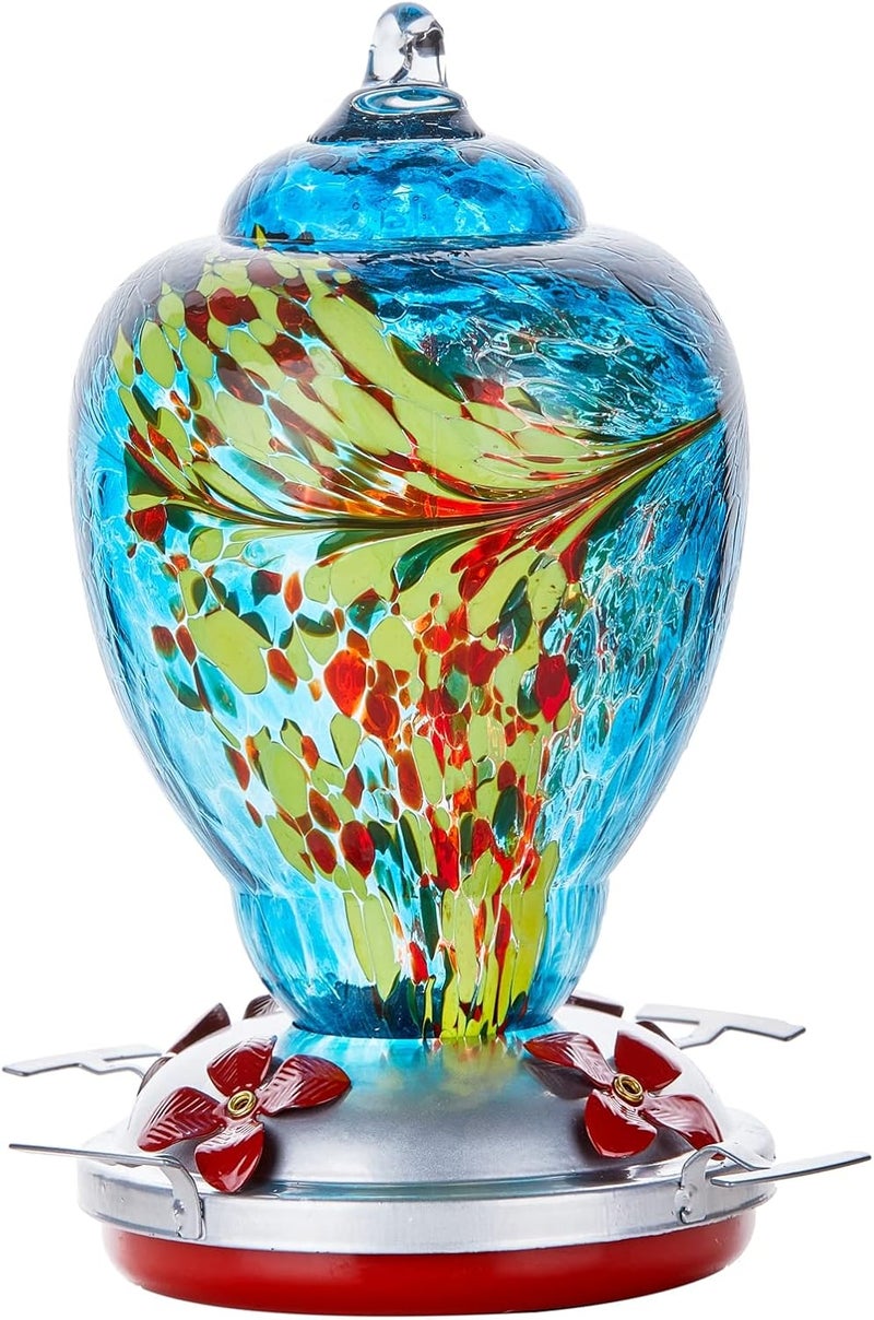 WOSIBO Hummingbird Feeder for Outdoors Patio Large 32 Ounces Colorful Hand Blown Glass Hummingbird Feeder with Ant Moat Hanging Hook, Rope, Brush and Service Card (Blue) - Image 1