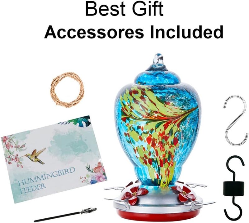 WOSIBO Hummingbird Feeder for Outdoors Patio Large 32 Ounces Colorful Hand Blown Glass Hummingbird Feeder with Ant Moat Hanging Hook, Rope, Brush and Service Card (Blue) - Image 5