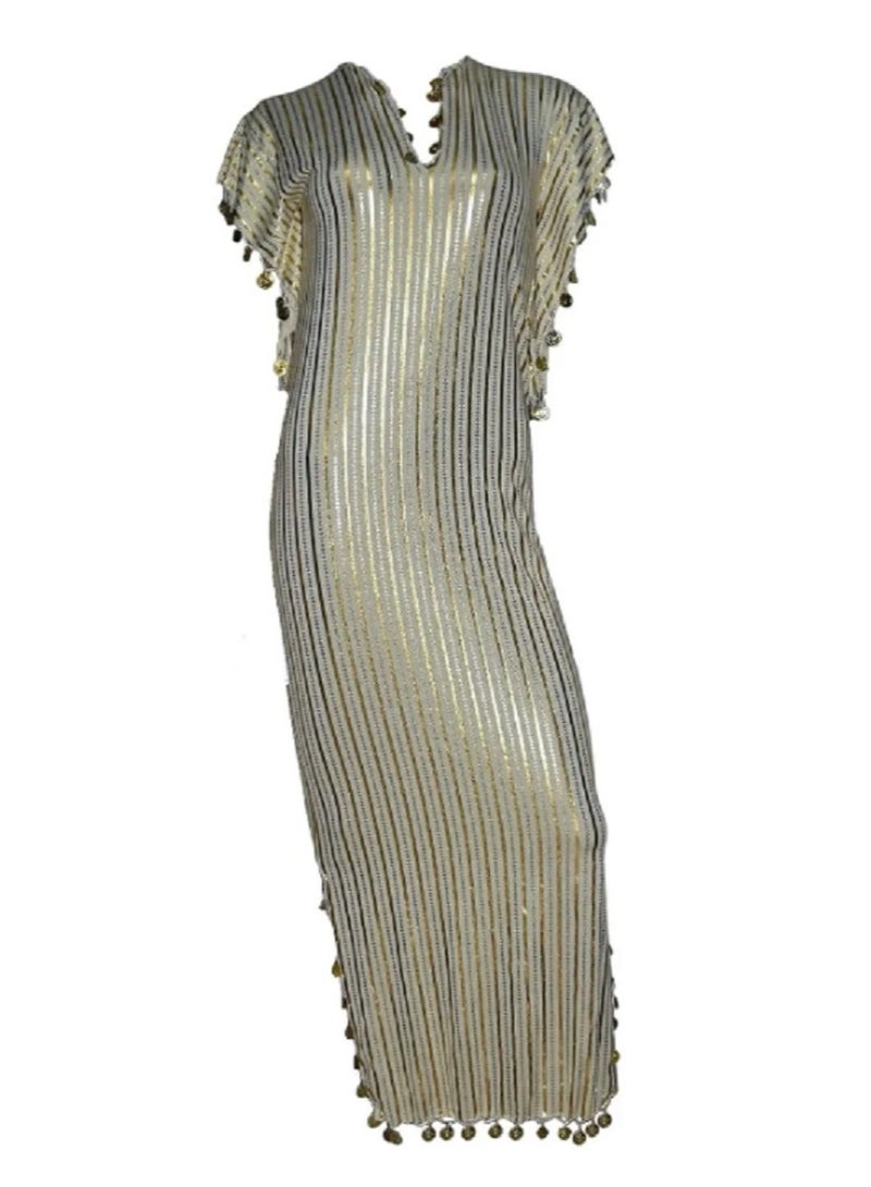 Belly Dance Egyptian Stretchy Folkloric Dancing Outfit Gallabiyah Oriental Abaya Dress (Creamy x Gold) - Image 1