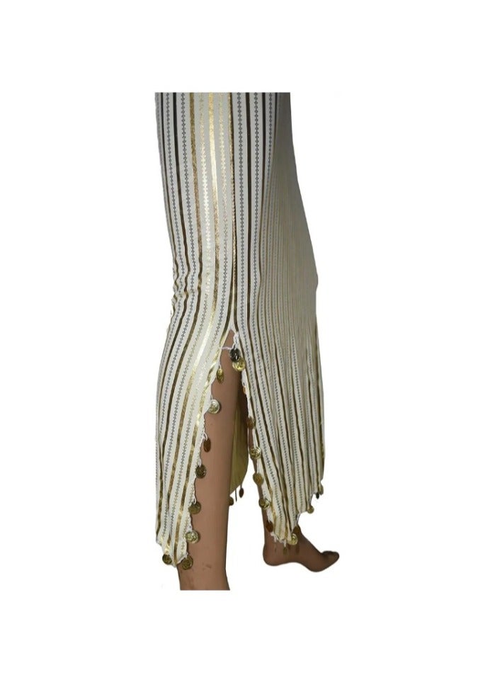 Belly Dance Egyptian Stretchy Folkloric Dancing Outfit Gallabiyah Oriental Abaya Dress (Creamy x Gold) - Image 2
