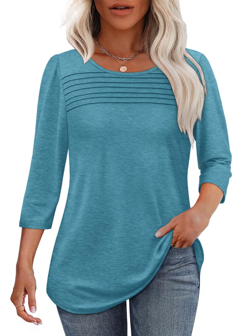 OFEEFAN Tops for Women Trendy Summer 3/4 Length Sleeve Plus Size Fashion Blouses Dressy Casual Flowy Spring Clothes Vacation Outfits Turquoise 2XL - Image 1