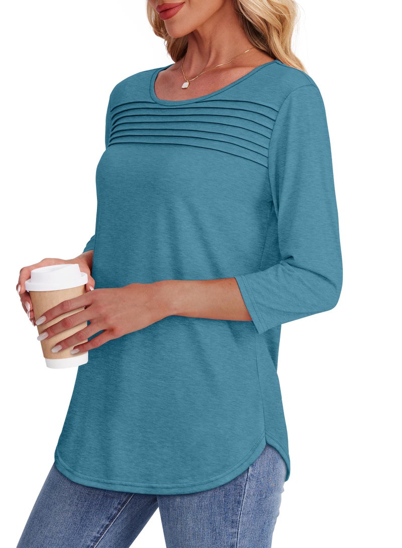 OFEEFAN Tops for Women Trendy Summer 3/4 Length Sleeve Plus Size Fashion Blouses Dressy Casual Flowy Spring Clothes Vacation Outfits Turquoise 2XL - Image 4
