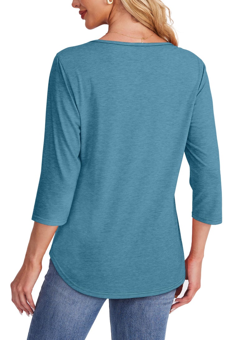 OFEEFAN Tops for Women Trendy Summer 3/4 Length Sleeve Plus Size Fashion Blouses Dressy Casual Flowy Spring Clothes Vacation Outfits Turquoise 2XL - Image 5