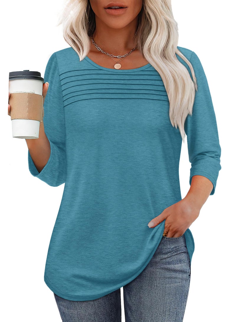 OFEEFAN Tops for Women Trendy Summer 3/4 Length Sleeve Plus Size Fashion Blouses Dressy Casual Flowy Spring Clothes Vacation Outfits Turquoise 2XL - Image 2