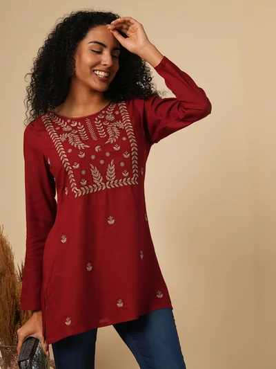 globus Women Embroidered Neck Ethnic Tunic