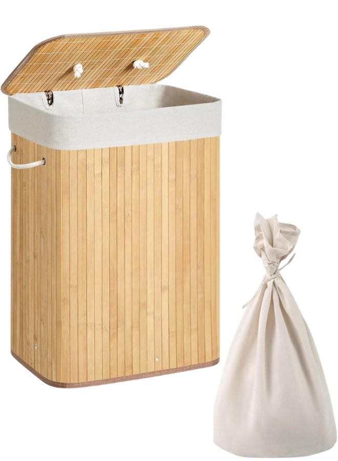 سلة غسيل من الخيزران، سعة 45 لترًا، سلة غسيل زاوية بغطاء ومقبض وبطانة قابلة للإزالة والغسل، سلة غسيل مستطيلة قابلة للطي لتخزين الملابس المتسخة، 50 × 35 × 25 سم - Image 1