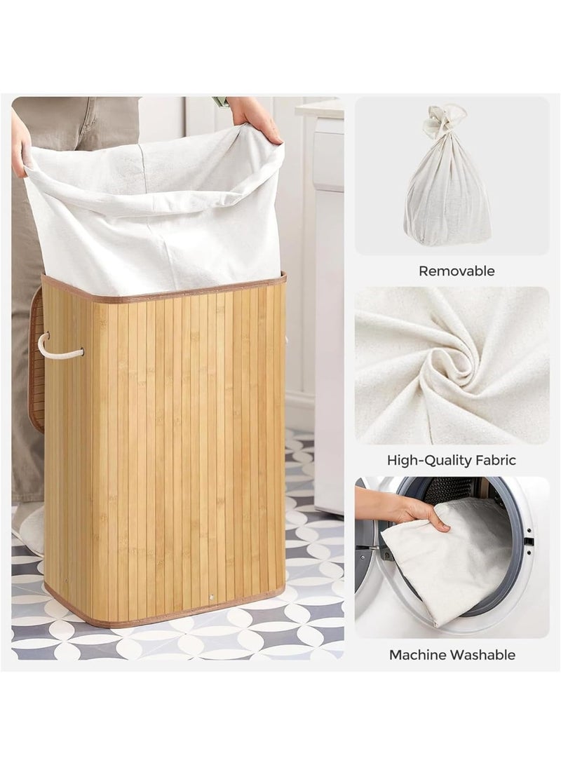 سلة غسيل من الخيزران، سعة 45 لترًا، سلة غسيل زاوية بغطاء ومقبض وبطانة قابلة للإزالة والغسل، سلة غسيل مستطيلة قابلة للطي لتخزين الملابس المتسخة، 50 × 35 × 25 سم - Image 4