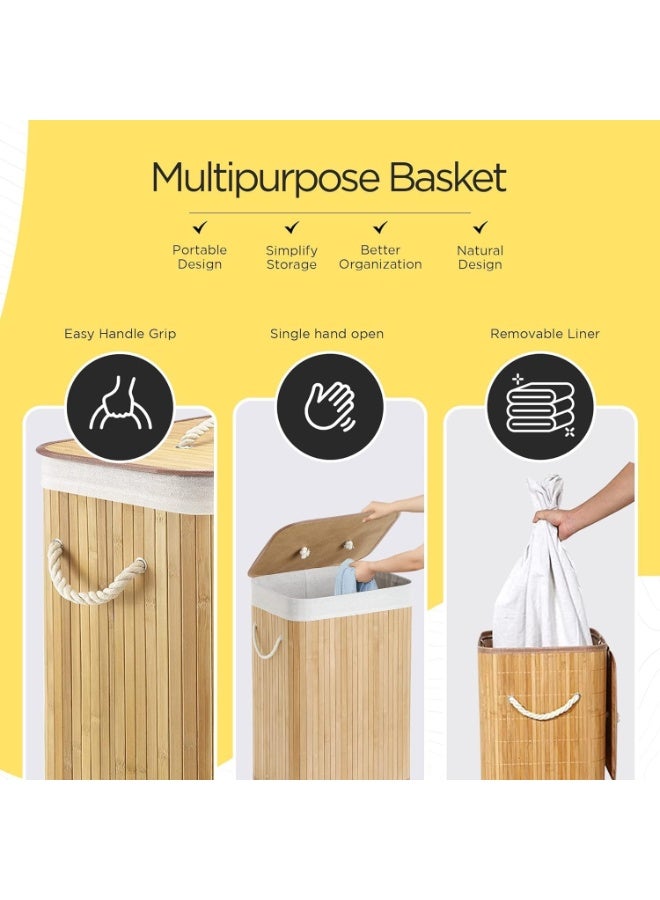 سلة غسيل من الخيزران، سعة 45 لترًا، سلة غسيل زاوية بغطاء ومقبض وبطانة قابلة للإزالة والغسل، سلة غسيل مستطيلة قابلة للطي لتخزين الملابس المتسخة، 50 × 35 × 25 سم - Image 3