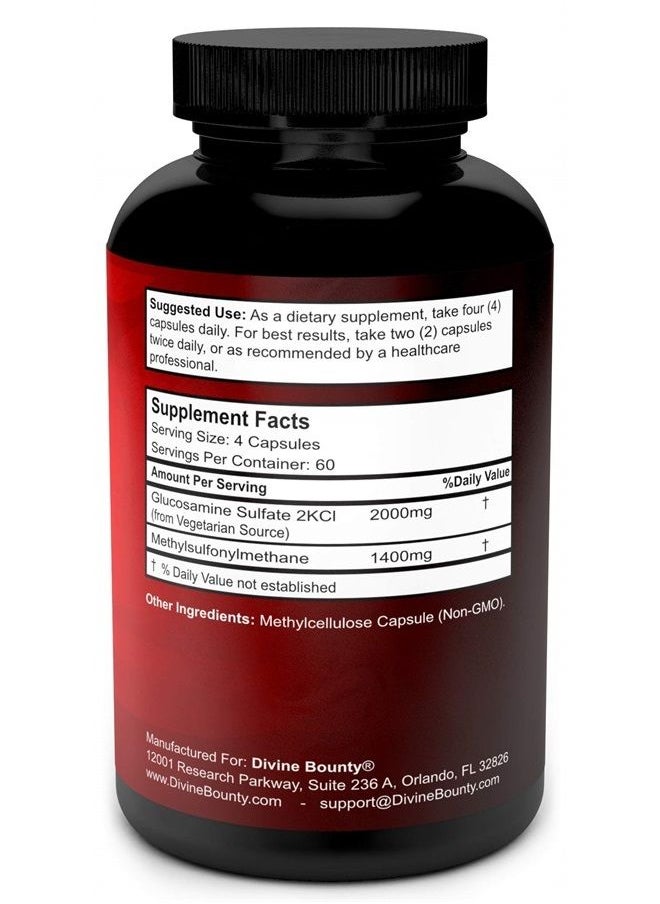 Divine Bounty - Glucosamine Sulfate Supplement (2000mg per Serving) with MSM - 240 Small Vegetarian Capsules - No Shellfish, GMO's or Harmful Additives - Image 1