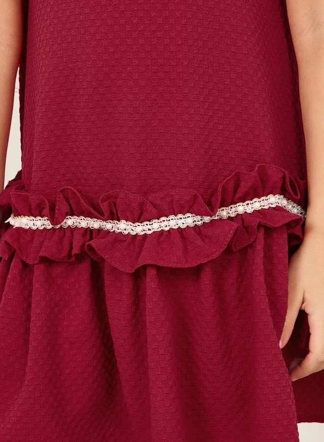 ستايلي Pearl Lace Ruffle Detail Waffle Texture Dress