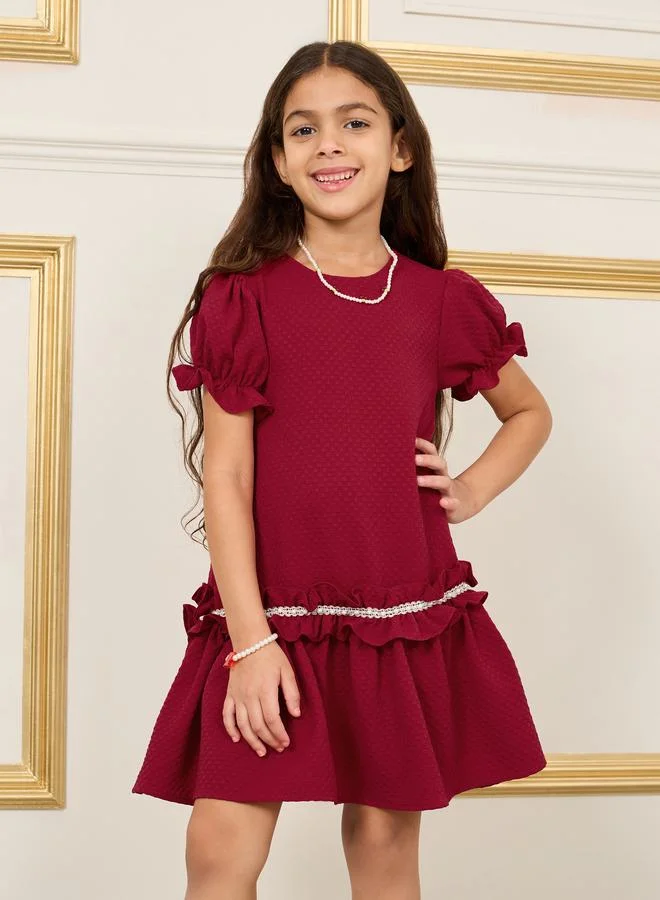 ستايلي Pearl Lace Ruffle Detail Waffle Texture Dress