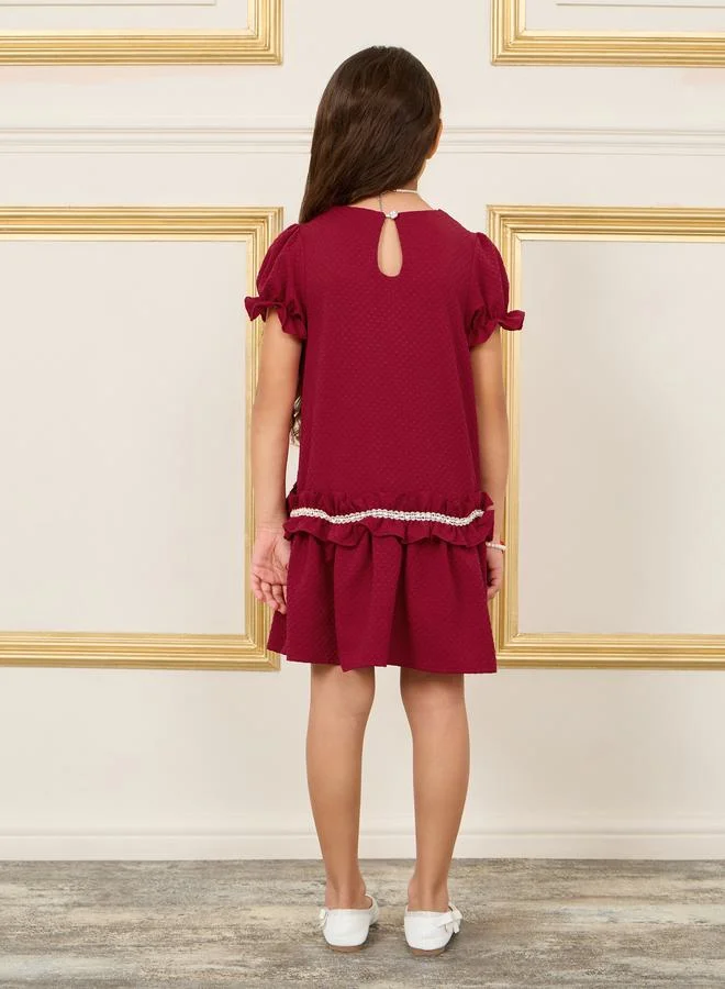 ستايلي Pearl Lace Ruffle Detail Waffle Texture Dress