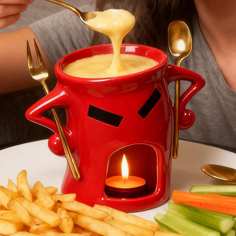 Red Ceramic Chocolate Fondue Mug Set with Fork Spoon for Strawberries Biscuits Parties - Image 4