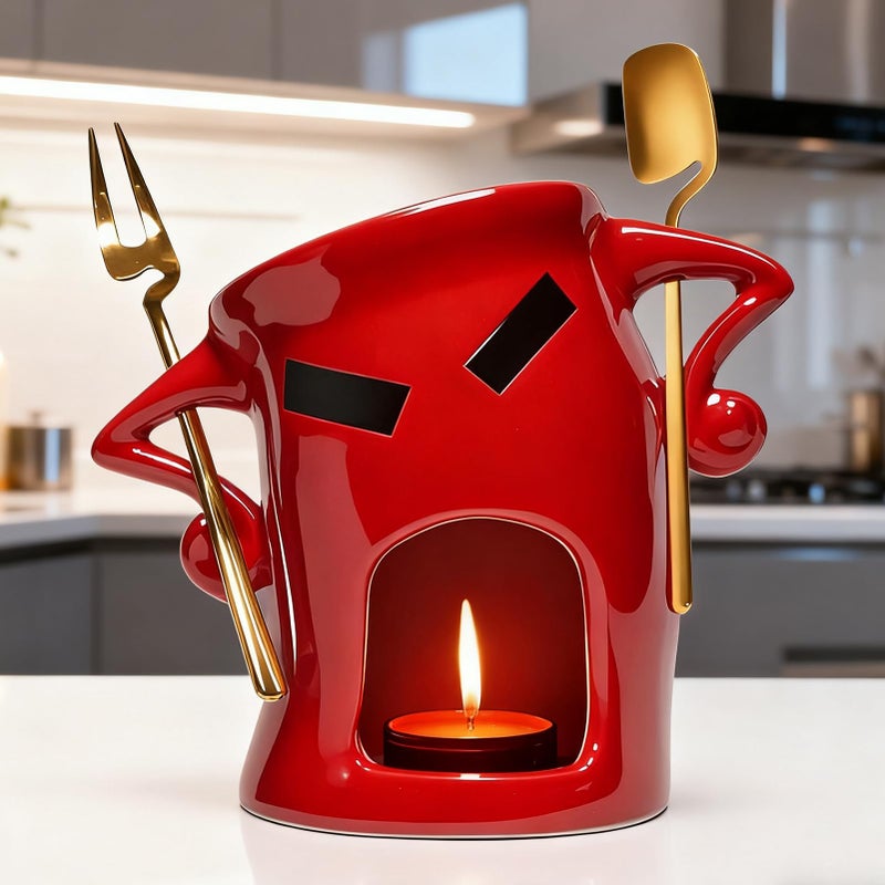 Red Ceramic Chocolate Fondue Mug Set with Fork Spoon for Strawberries Biscuits Parties - Image 5