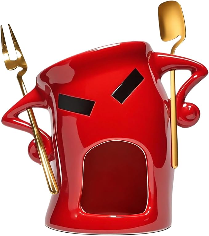 Red Ceramic Chocolate Fondue Mug Set with Fork Spoon for Strawberries Biscuits Parties - Image 1