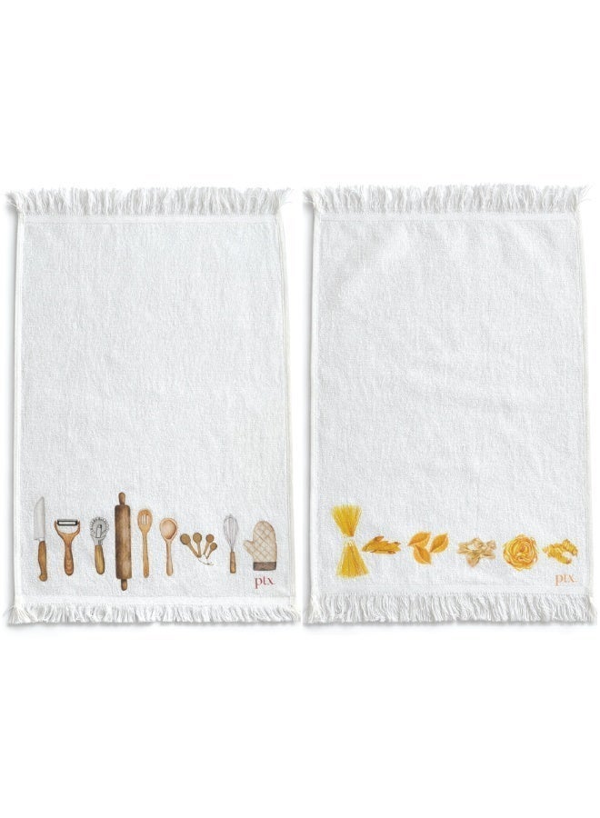 Printex Eg Printex.EG 100% Cotton Kitchen Towels, Set of 2, 400 GSM Ultra-Absorbent Dish Towels, Quick-Dry, Decorative Fringe, 50×30 cm,off White (pasta&kitchen tools) - Image 1