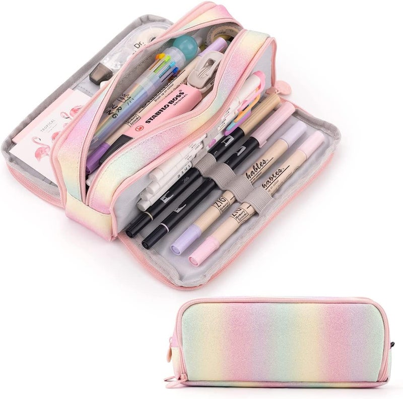KASTWAVE Large Capacity Pencil Case 3 Compartment Pencil Pouch Pen Bag For Teen Girls Boy Men Women (Rainbow) - Image 1