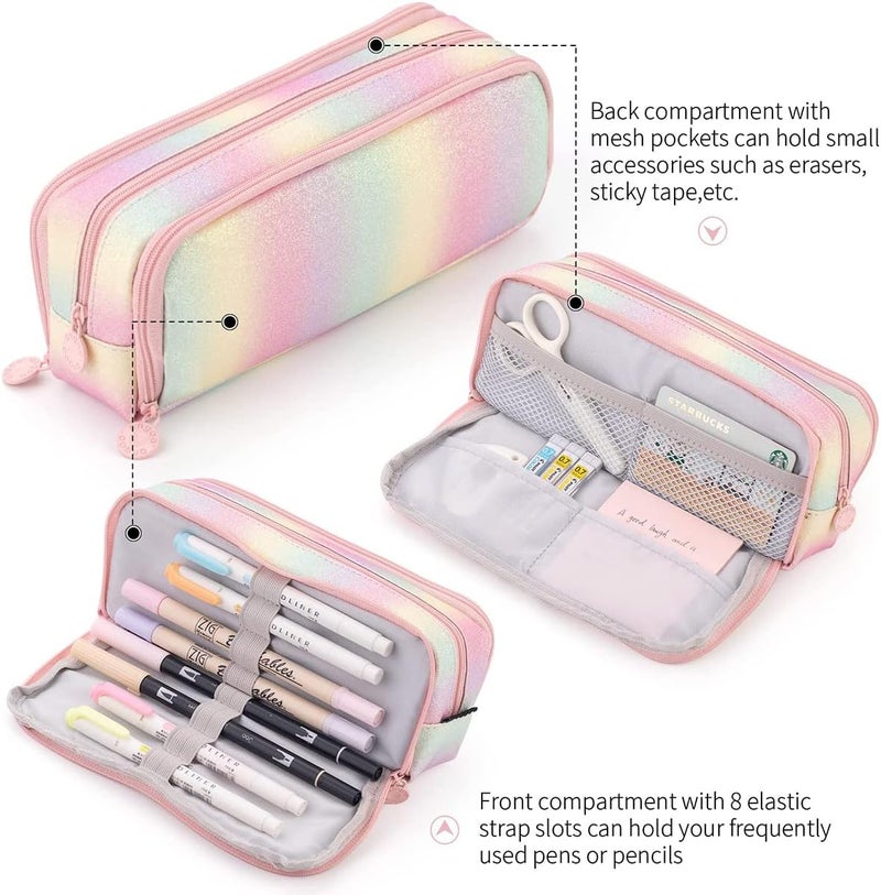 KASTWAVE Large Capacity Pencil Case 3 Compartment Pencil Pouch Pen Bag For Teen Girls Boy Men Women (Rainbow) - Image 2