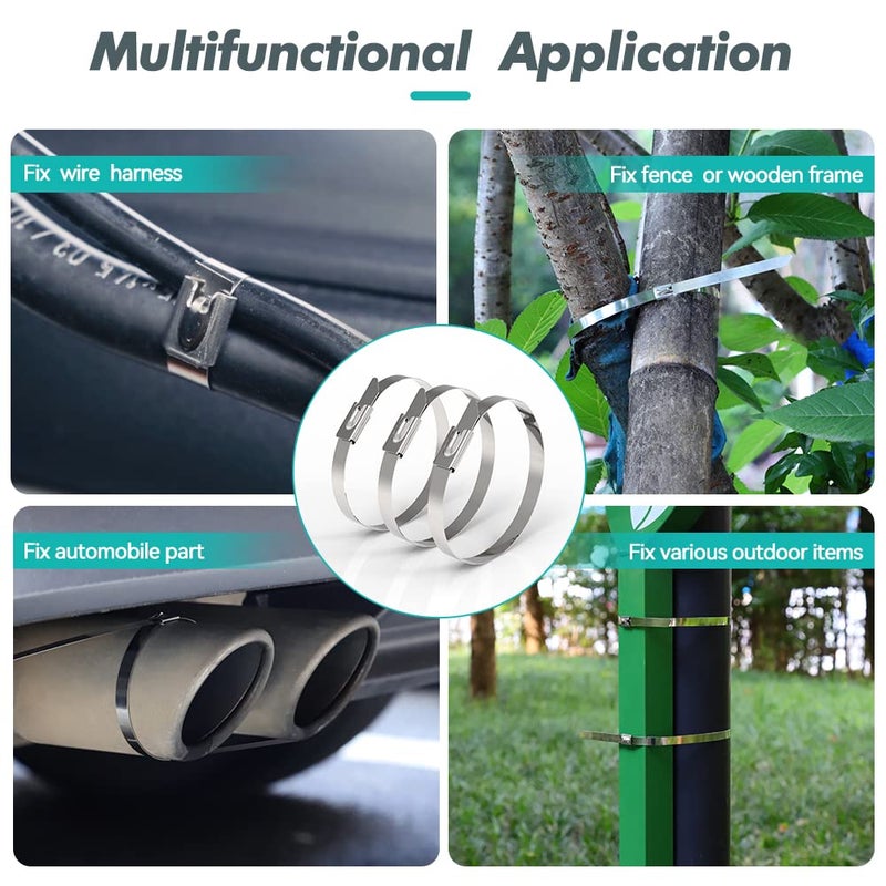 JOUGU Metal Zip Ties 11.8 inch 100pcs 304 Stainless Steel Locking Cable 250LB 300mm Heavy Duty Exhaust Wrap Multi Purpose Binding for machinery, vehicles, farms, cables, pipes,Fence - Image 2