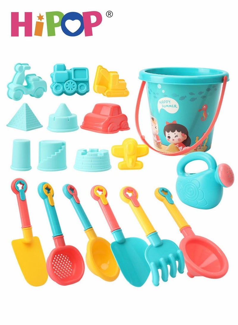 HIPOP 18 Pieces Beach Sand Toy Set,With Mesh Bag,Including Spoon,Jug,Bucket,Shaping Module,Shovel,Cartoon Outdoor Summer Toy Kit For Kids - Image 1