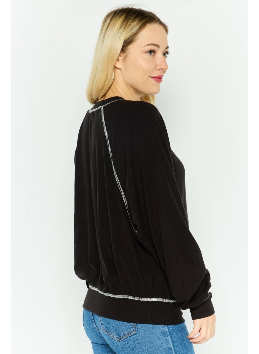 NIA Women Round Neck Plain Sweater, Black  - Image 2