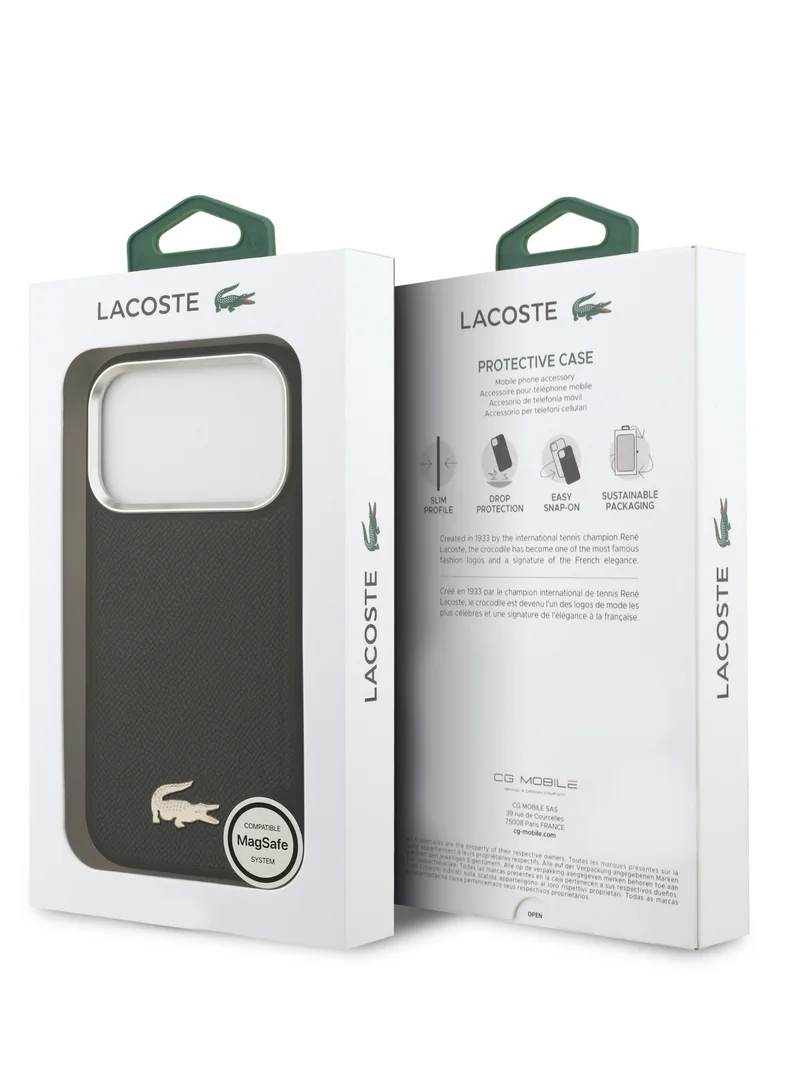 LACOSTE MagSafe PU Leather Hard Case for iPhone 17 Pro with Croco Pin Logo / Drop Protection / Slim Profile / Easy Snap-On / Sustainable Packaging - Black