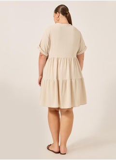 Styli Beige A-Line Mini Dress with Lace Detail  - Image 5