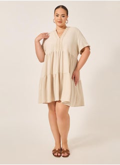 Styli Beige A-Line Mini Dress with Lace Detail  - Image 3