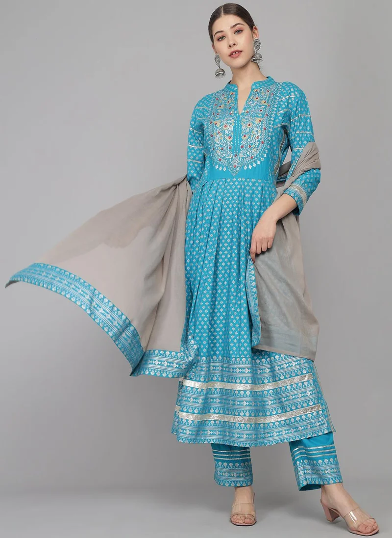 ZERESOUQ Blue Rayon Kurta With Trousers With Dupatta