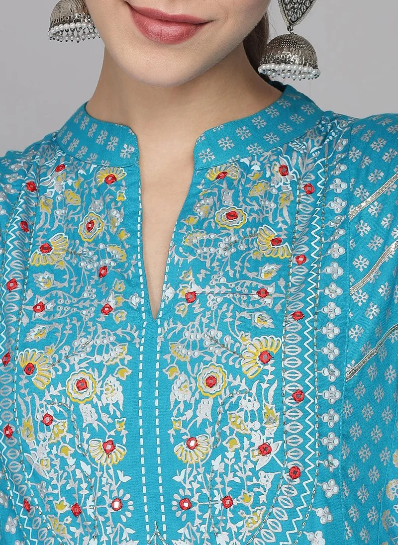 ZERESOUQ Blue Rayon Kurta With Trousers With Dupatta