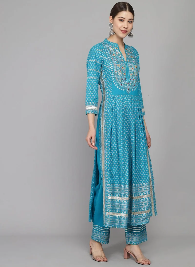 ZERESOUQ Blue Rayon Kurta With Trousers With Dupatta