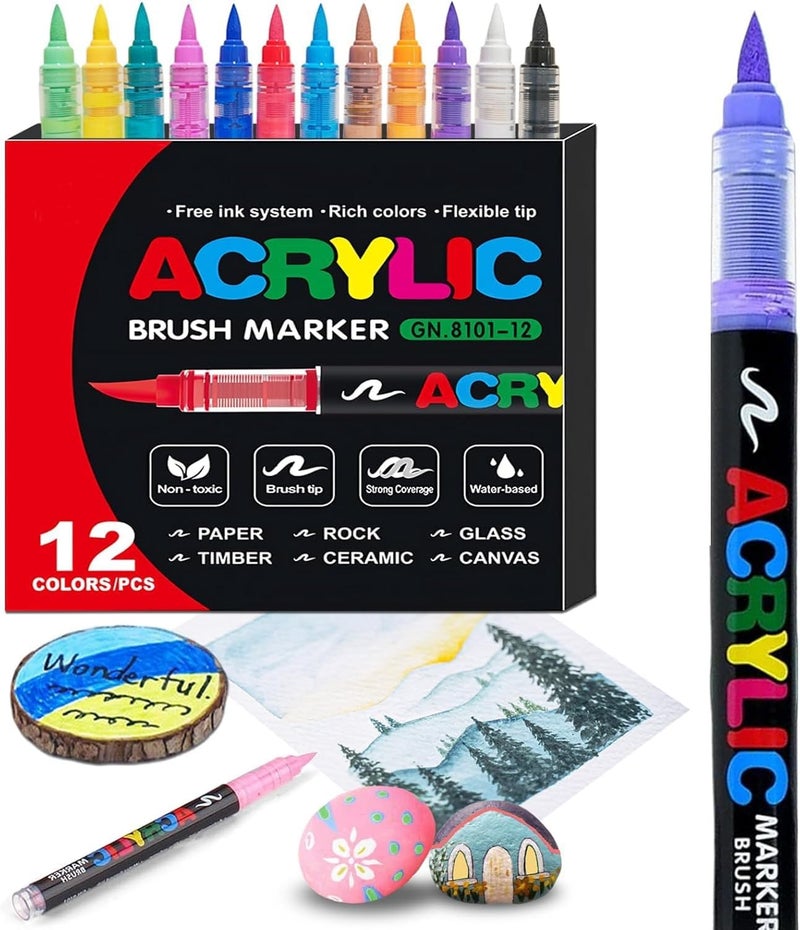 Kandid 12 Colors Acrylic Paint Pens - Soft Brush Tip Acrylic Markers for Multi-Surface Art - Image 1