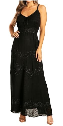 Sakkas Stonewashed Rayon Embroidered Adjustable Spaghetti Straps Long Dress - Black - 1X/2X - Image 1