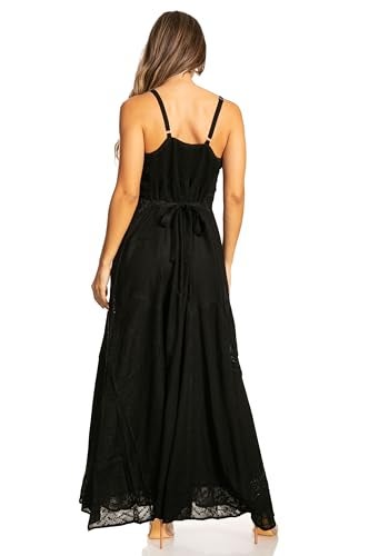 Sakkas Stonewashed Rayon Embroidered Adjustable Spaghetti Straps Long Dress - Black - 1X/2X - Image 2
