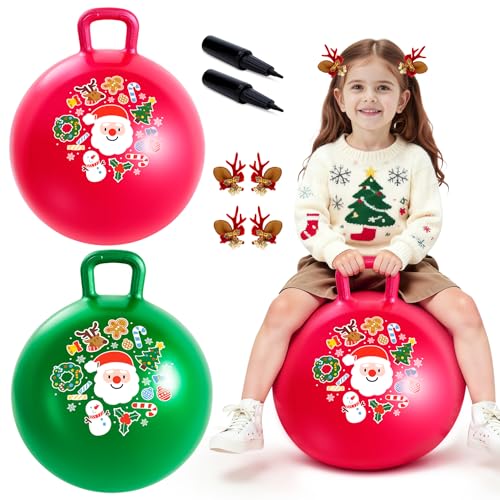 ZOOJOY Hopper Ball 2Pack Set for GirlsBoys 38 with Free Hair Clips Festive Red Green 18in Bouncy Ball with Handle for Kids Christmas Toys Indoor and Outdoor Play Includes Pumps - Image 1