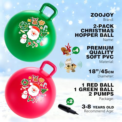 ZOOJOY Hopper Ball 2Pack Set for GirlsBoys 38 with Free Hair Clips Festive Red Green 18in Bouncy Ball with Handle for Kids Christmas Toys Indoor and Outdoor Play Includes Pumps - Image 5