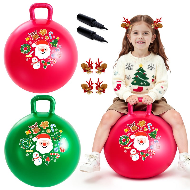ZOOJOY Hopper Ball 2Pack Set for GirlsBoys 38 with Free Hair Clips Festive Red Green 18in Bouncy Ball with Handle for Kids Christmas Toys Indoor and Outdoor Play Includes Pumps - Image 3