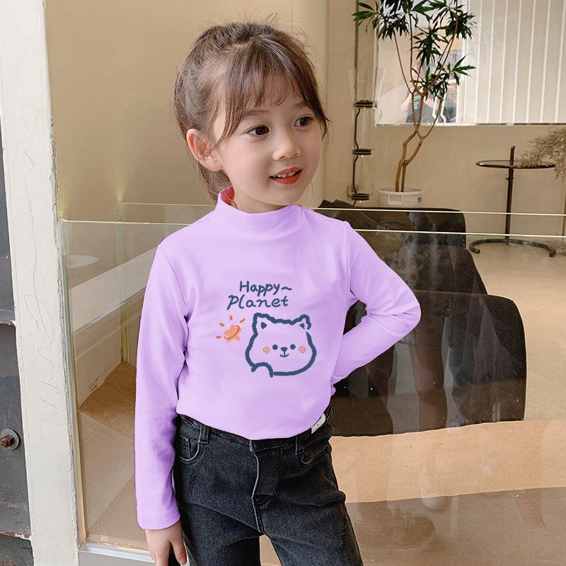 Children'S Semi-High Collar Base Shirt Fleece-Lined Warm Long-Sleeved T-Shirt Men'S And Women'S Big Children'S Fleece Autumn Clothes Inner Top - Image 1