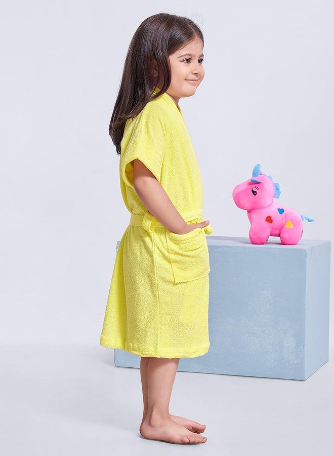 SAND DUNE Sanddune Girl's Terry Cotton Half Sleeves, Knee Length Bathrobe with Pocket and Waist Belt (Lemon Yellow, 1-2 Years) - Image 3