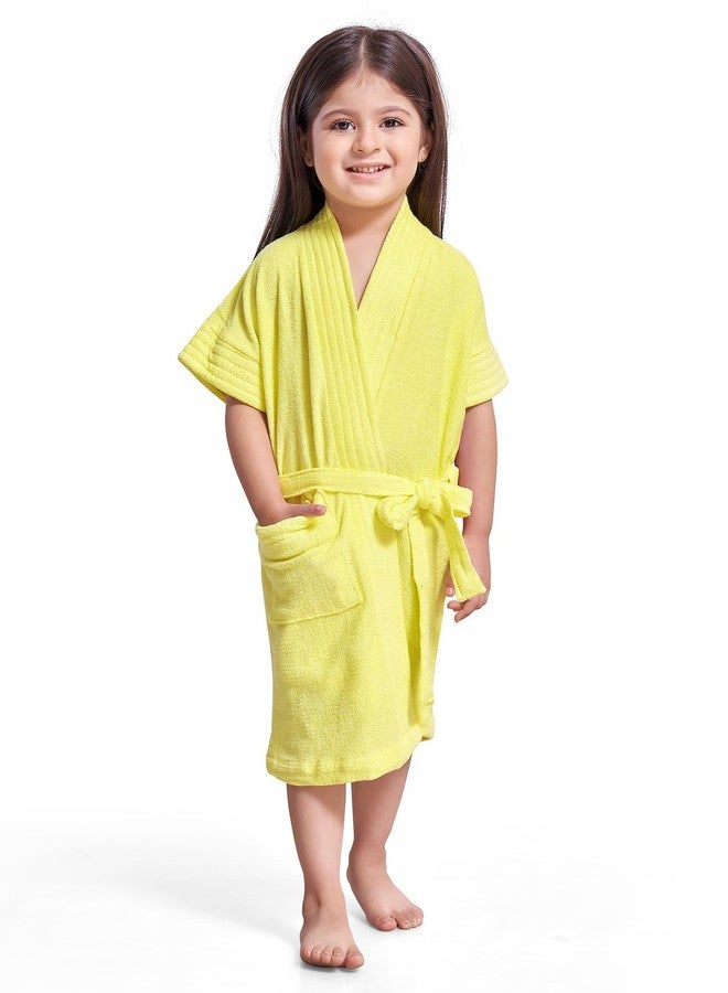 SAND DUNE Sanddune Girl's Terry Cotton Half Sleeves, Knee Length Bathrobe with Pocket and Waist Belt (Lemon Yellow, 1-2 Years) - Image 1