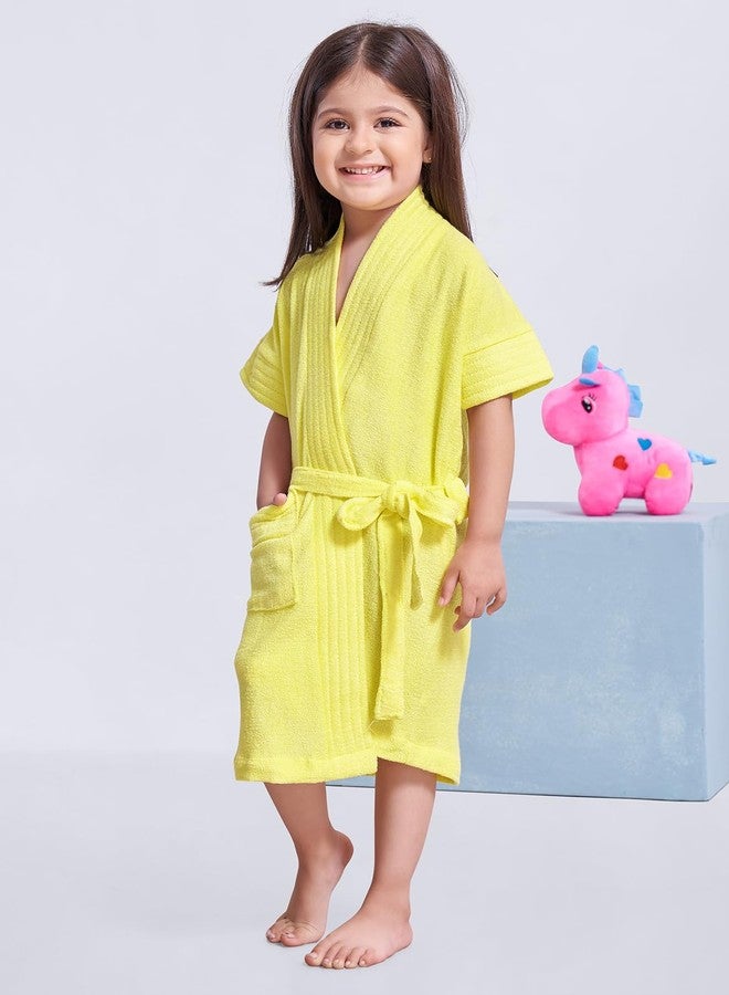 SAND DUNE Sanddune Girl's Terry Cotton Half Sleeves, Knee Length Bathrobe with Pocket and Waist Belt (Lemon Yellow, 1-2 Years) - Image 4