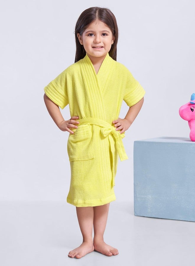 SAND DUNE Sanddune Girl's Terry Cotton Half Sleeves, Knee Length Bathrobe with Pocket and Waist Belt (Lemon Yellow, 1-2 Years) - Image 2