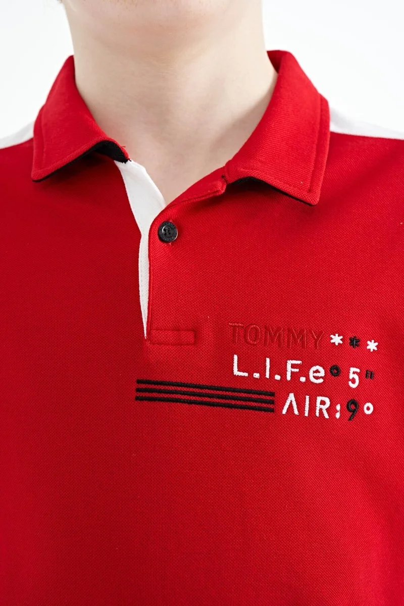 تومي لايف Red Color Block Shoulder Garni Detailed Standard Size Boy T-Shirt - 11155