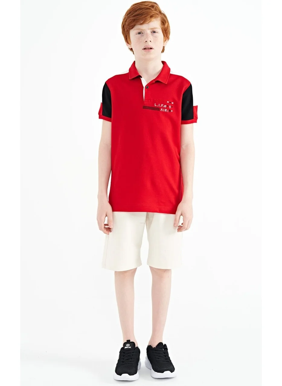 تومي لايف Red Color Block Shoulder Garni Detailed Standard Size Boy T-Shirt - 11155